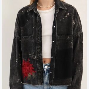 ZARA Trafaluc black floral embroidered denim shirt/jacket, oversized small